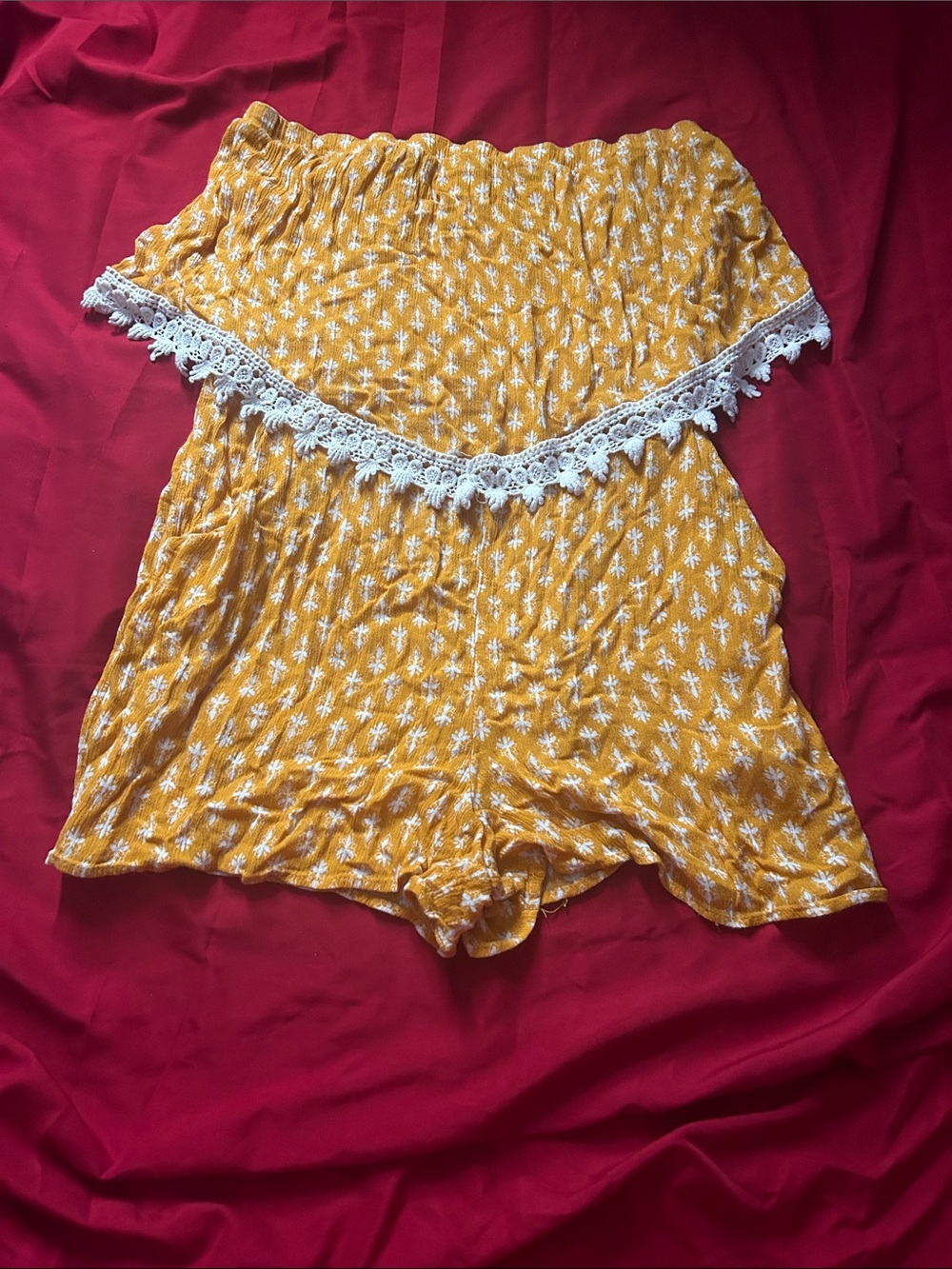 Xhilaration Mustard Yellow Strapless Lace-Trim Romper